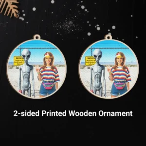 Personalized 1990s Area 51 Alien Wooden Ornament Custom Face in Funny Retro Vacation Pic, 90s Kitsch Christmas Gift
