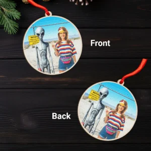 Personalized 1990s Area 51 Alien Wooden Ornament Custom Face in Funny Retro Vacation Pic, 90s Kitsch Christmas Gift