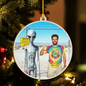 Personalized 1990s Area 51 Alien Wooden Ornament Custom Face in Funny Retro Vacation Pic, 90s Kitsch Christmas Gift