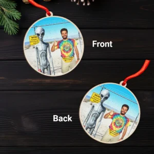 Personalized 1990s Area 51 Alien Wooden Ornament Custom Face in Funny Retro Vacation Pic, 90s Kitsch Christmas Gift