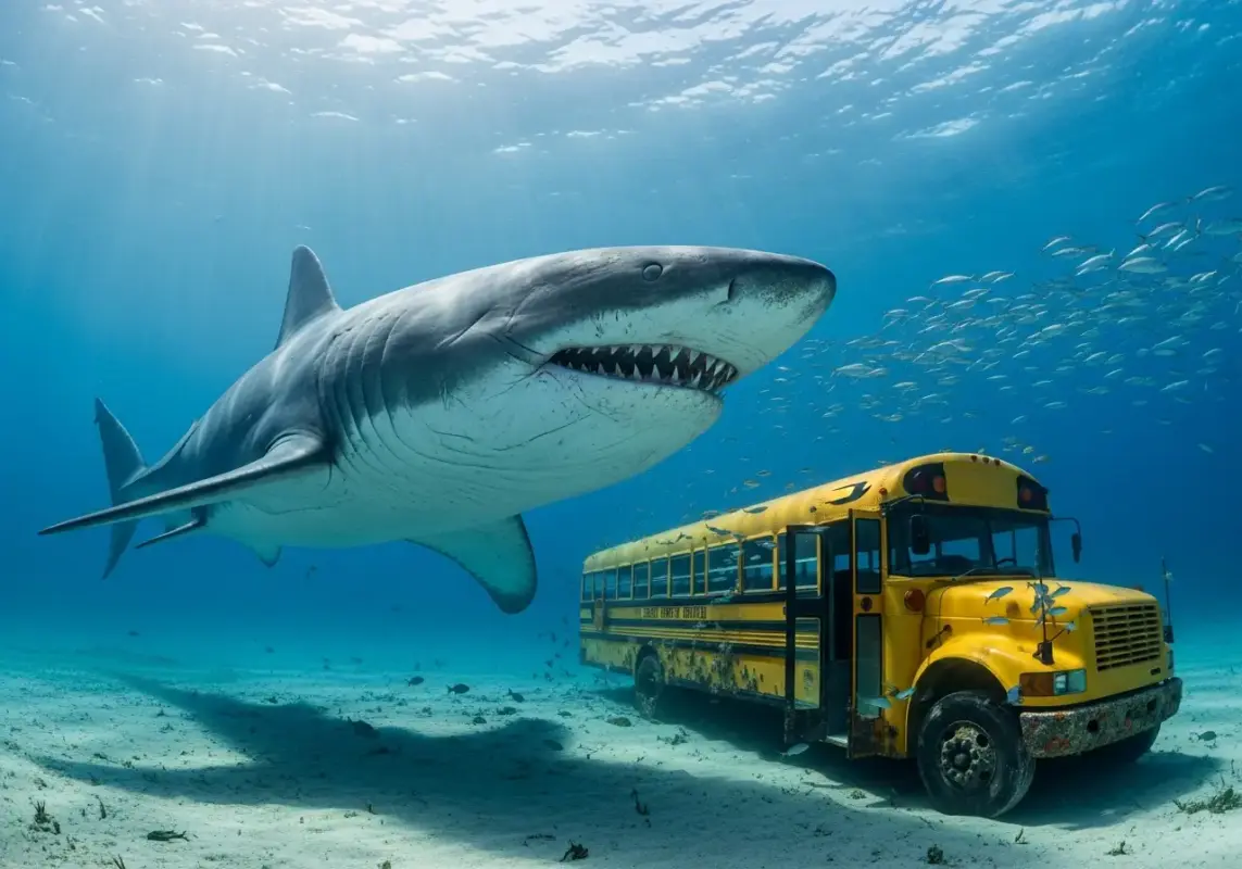 7 Reasons Why The Megalodon Was The Ultimate Apex Predator 5 A Megalodon swimming next to a modern school bus underwater for scale.
