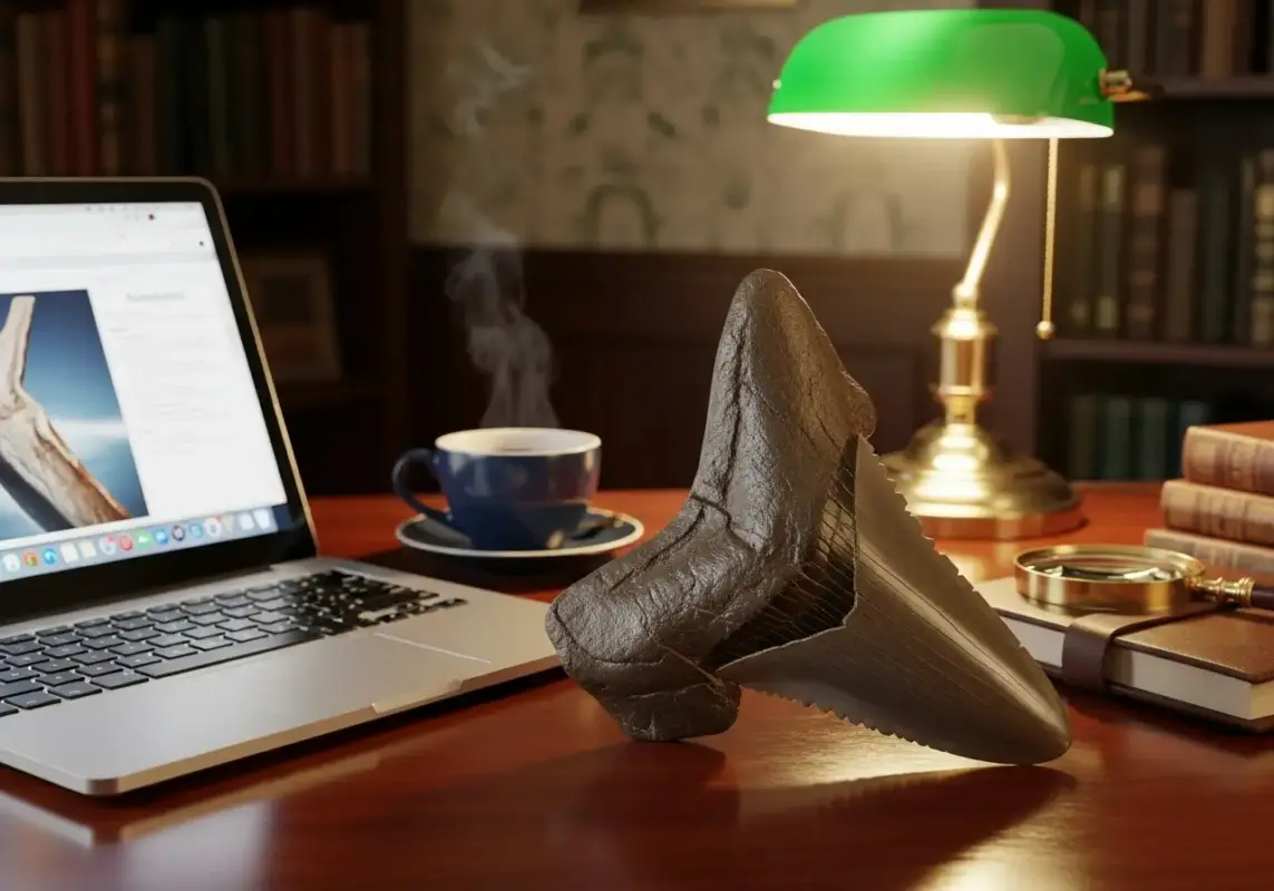 7 Reasons Why The Megalodon Was The Ultimate Apex Predator 21 A conceptual image of a Megalodon tooth resting on a modern desk, bridging the past and present.