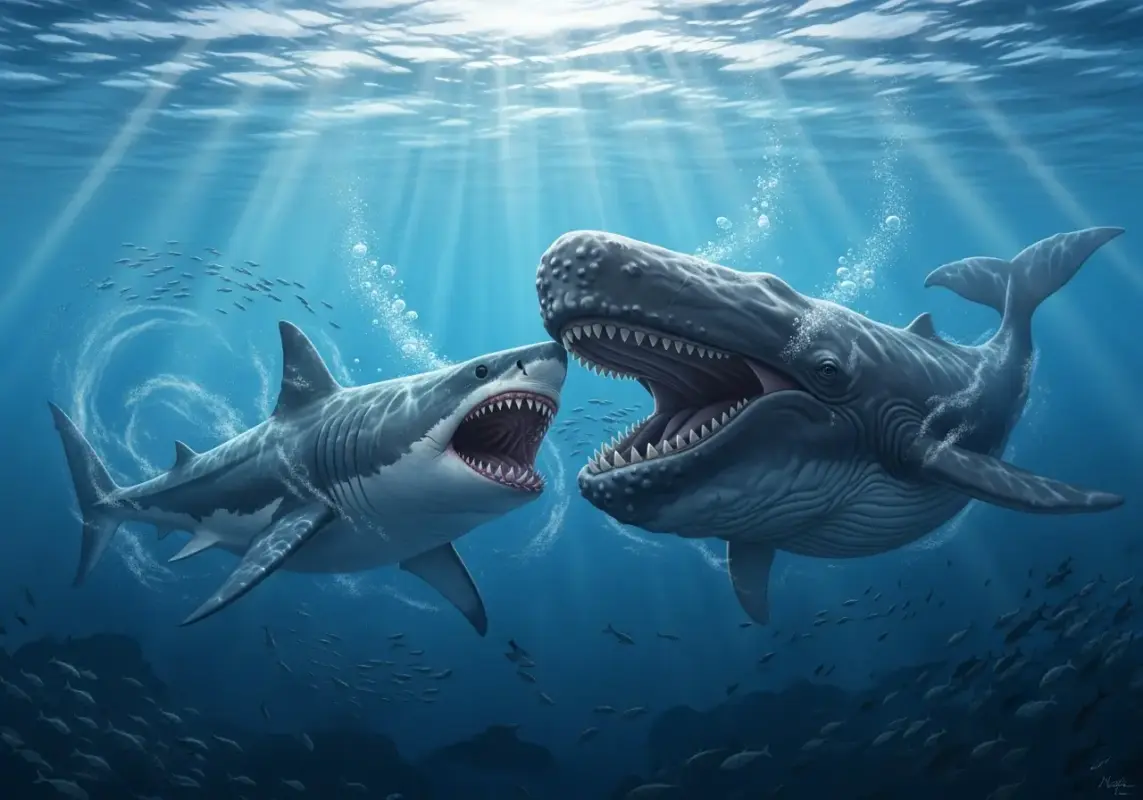 7 Reasons Why The Megalodon Was The Ultimate Apex Predator 10 A dramatic, murky underwater standoff between a Megalodon and a Livyatan whale.