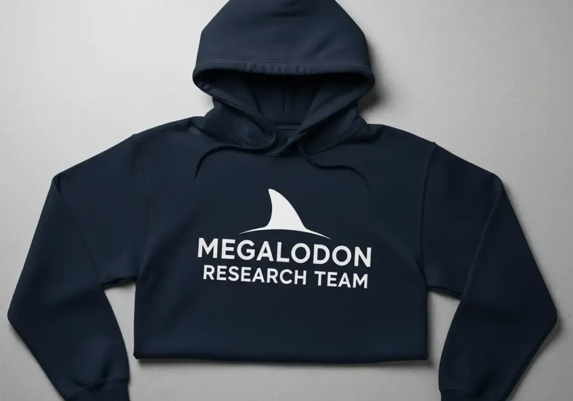7 Reasons Why The Megalodon Was The Ultimate Apex Predator 22 A hoodie with a stylized Megalodon Research Team logo.