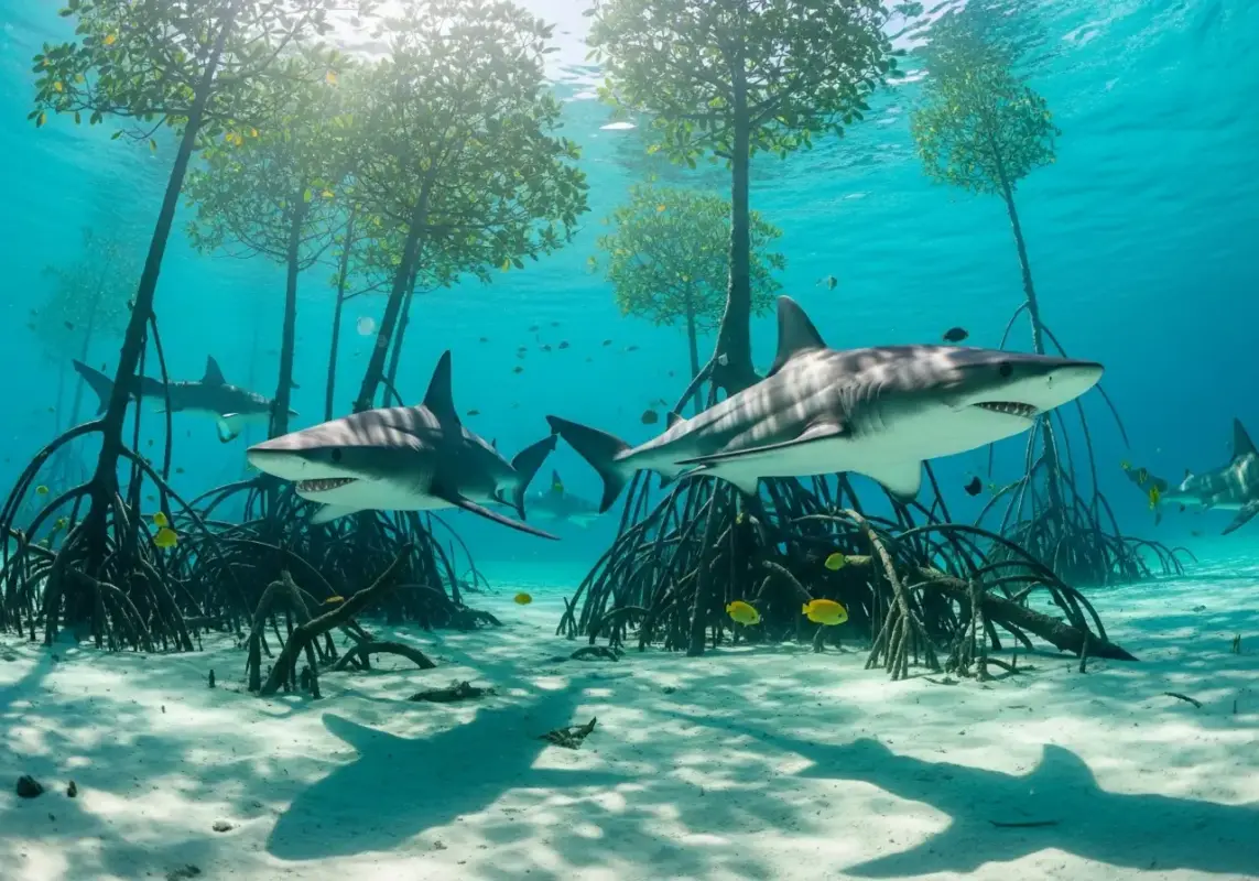 7 Reasons Why The Megalodon Was The Ultimate Apex Predator 15 A nursery scene in shallow, turquoise water with juvenile Megalodons chasing fish.