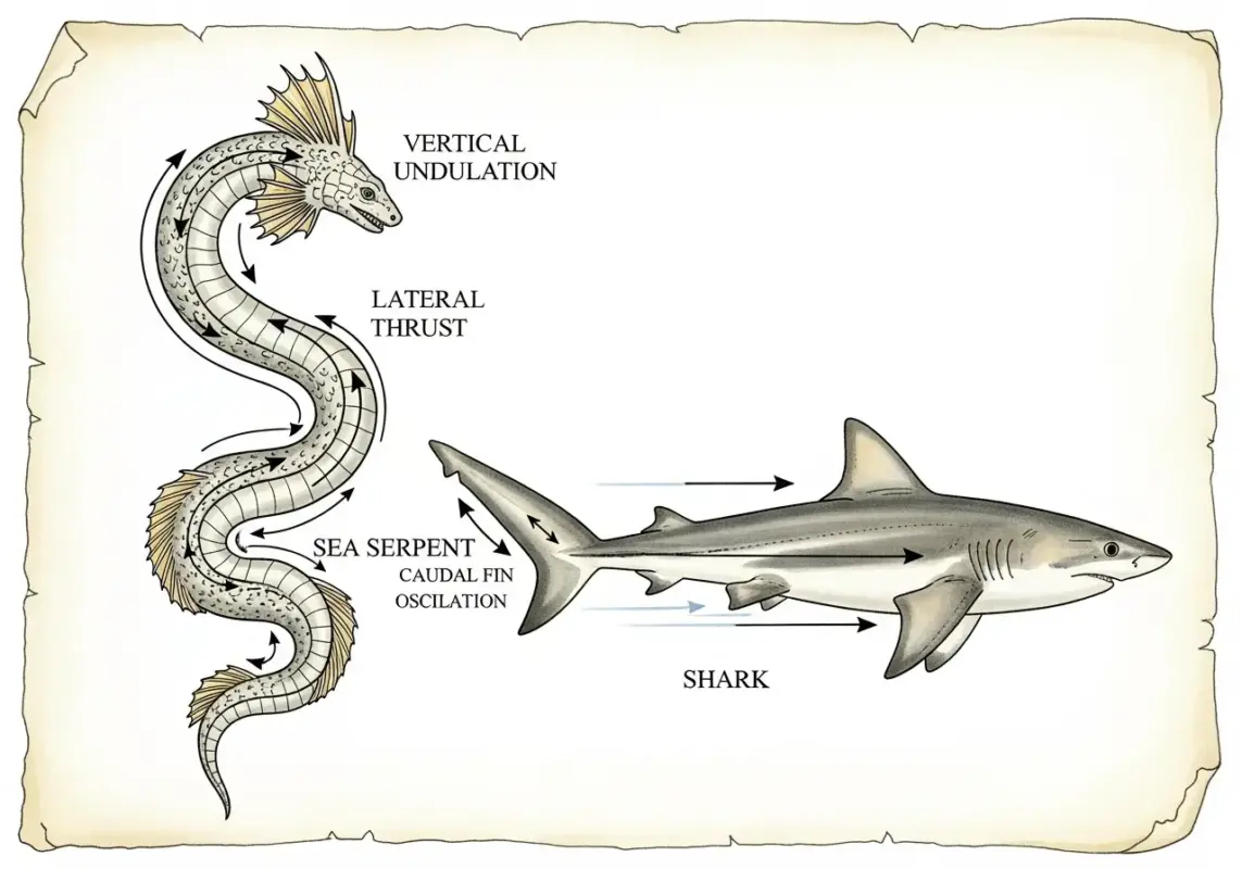 A scientific biological sketch comparing the swimming motion of a shark (side-to-side) vs. a marine mammal Caddy (up-and-down).