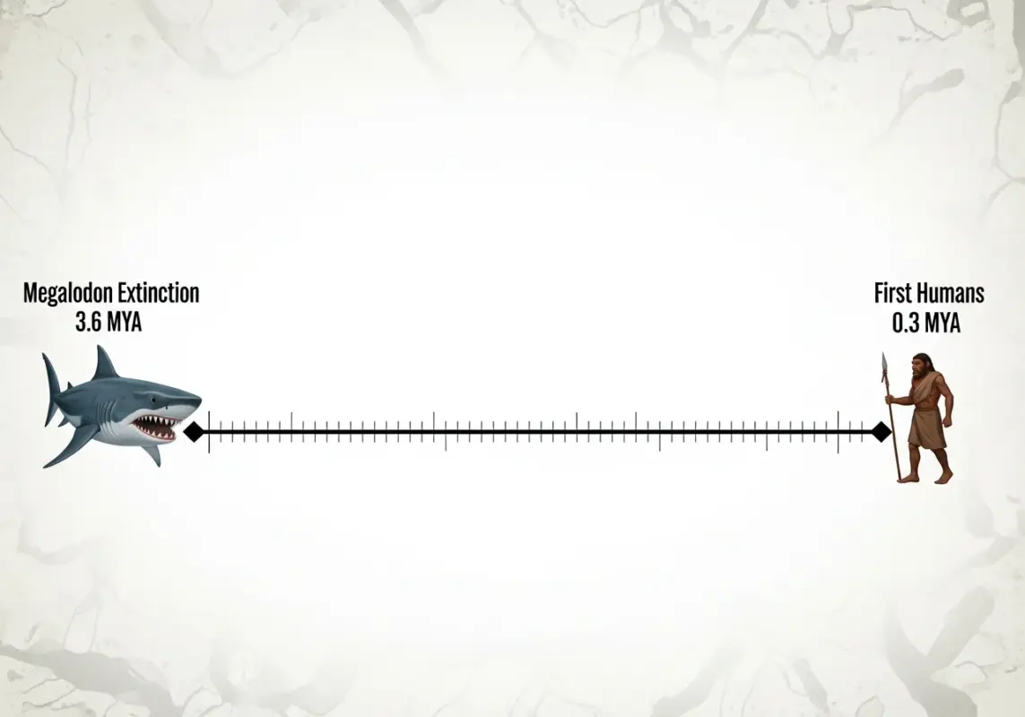 7 Reasons Why The Megalodon Was The Ultimate Apex Predator 20 A simple timeline showing Human evolution vs. Megalodon extinction to clarify they never met.