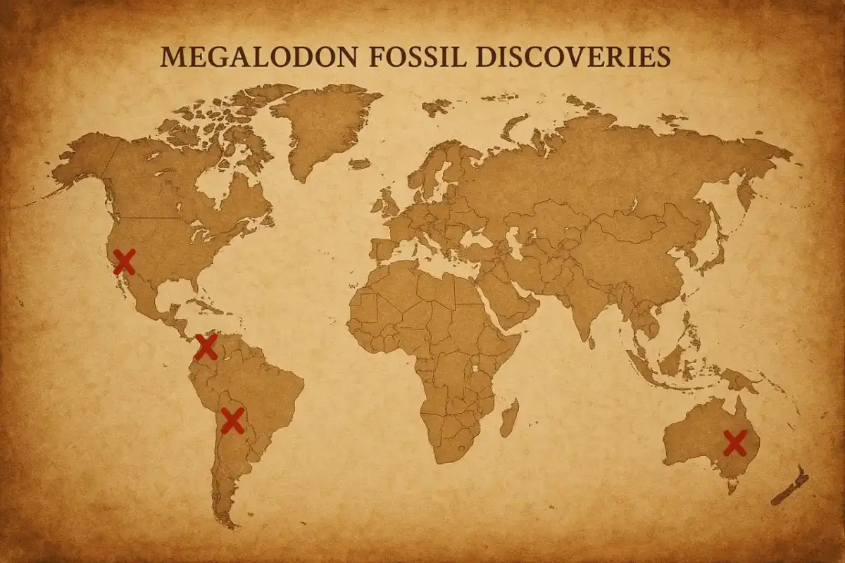 7 Reasons Why The Megalodon Was The Ultimate Apex Predator 14 A world map with pins or highlighted zones showing where Megalodon fossils have been found globally.