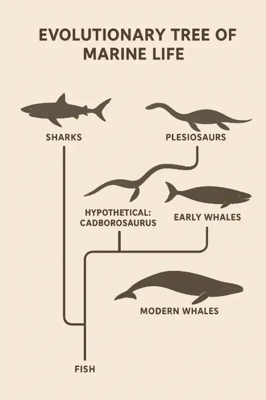 An evolutionary tree chart showing where Cadborosaurus might fit between reptiles and marine mammals.