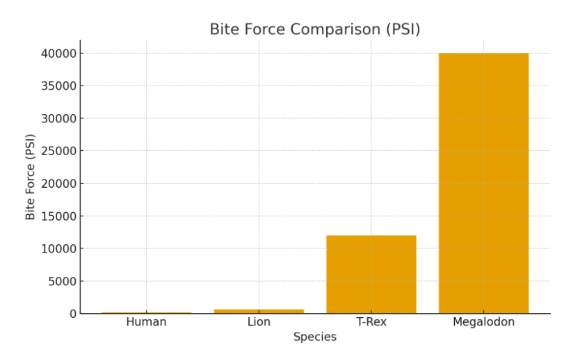 7 Reasons Why The Megalodon Was The Ultimate Apex Predator 7 A bar chart comparing bite forces: Human, Lion, T-Rex, and Megalodon.