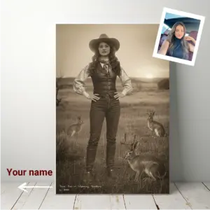 Personalized 1880s Jackalope Canvas Custom Face Old West Art, Mythical Cowboy & Cowgirl Cozy Wall Decor