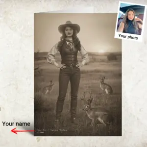Personalized 1880s Jackalope Card Custom Face Old West, Mythical Cowboy & Cowgirl Greeting Card