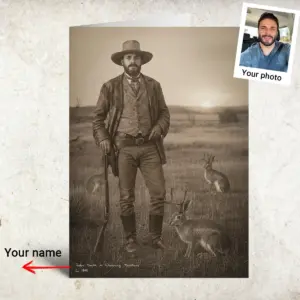 Personalized 1880s Jackalope Card Custom Face Old West, Mythical Cowboy & Cowgirl Greeting Card