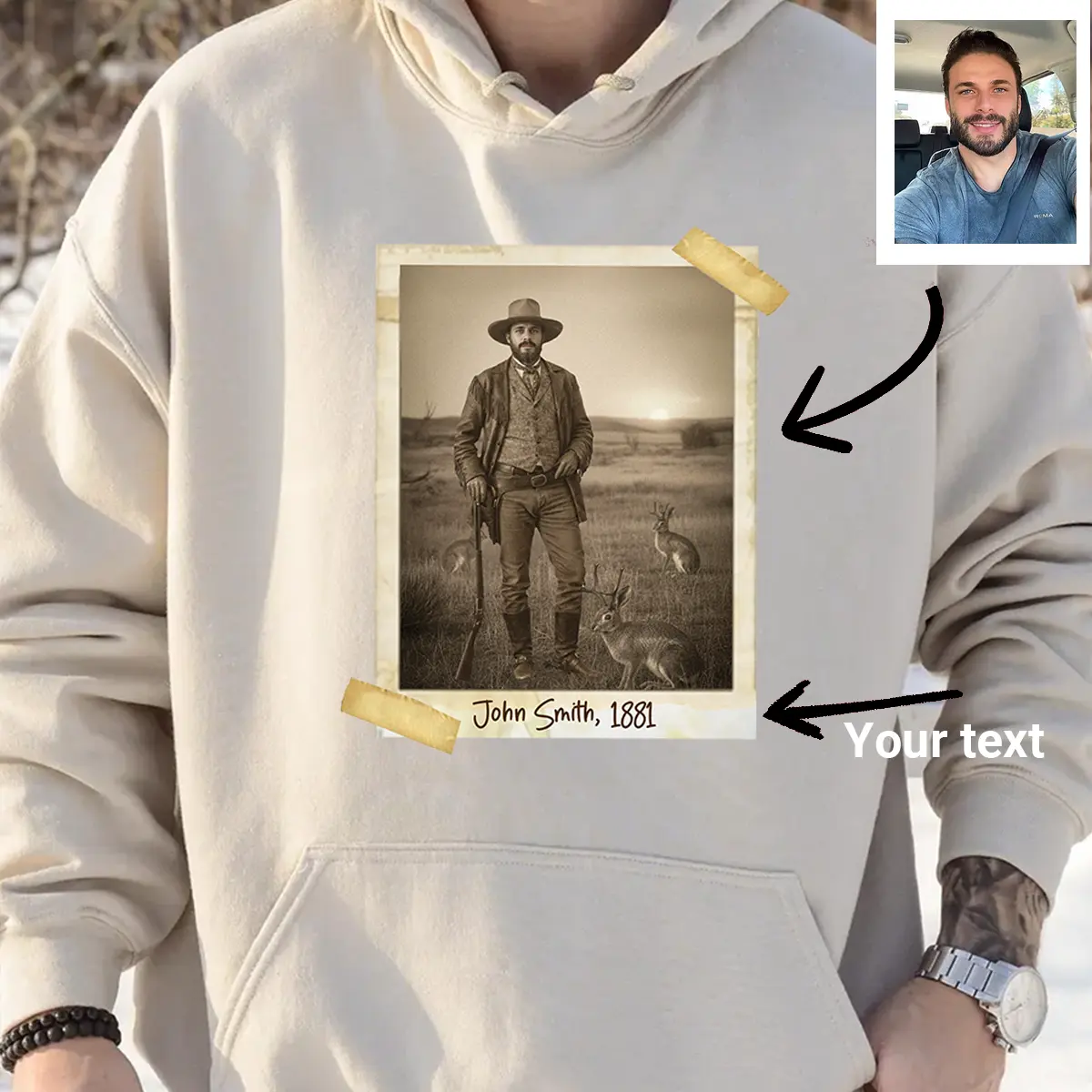 Personalized 1880s Jackalope Hoodie | Custom Face Old West, Mythical Cowboy & Cowgirl Hooded Sweatshirt 1 Personalized 1880s Jackalope Hoodie Custom Face Old West, Mythical Cowboy & Cowgirl Hooded Sweatshirt