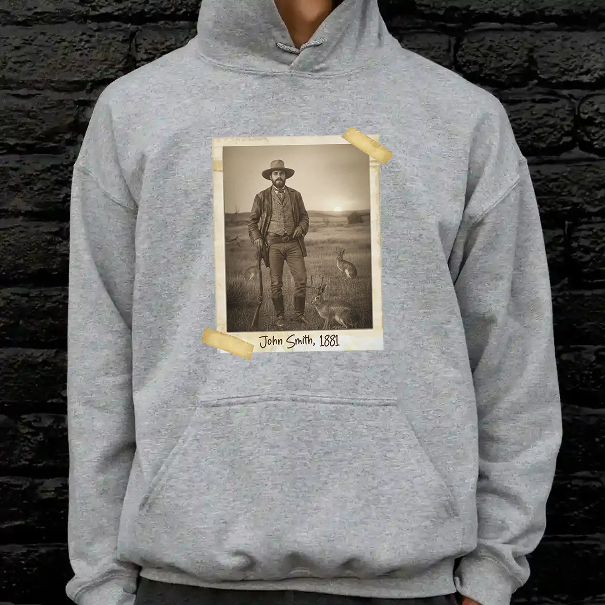 Personalized 1880s Jackalope Hoodie | Custom Face Old West, Mythical Cowboy & Cowgirl Hooded Sweatshirt 3 Personalized 1880s Jackalope Hoodie Custom Face Old West, Mythical Cowboy & Cowgirl Hooded Sweatshirt