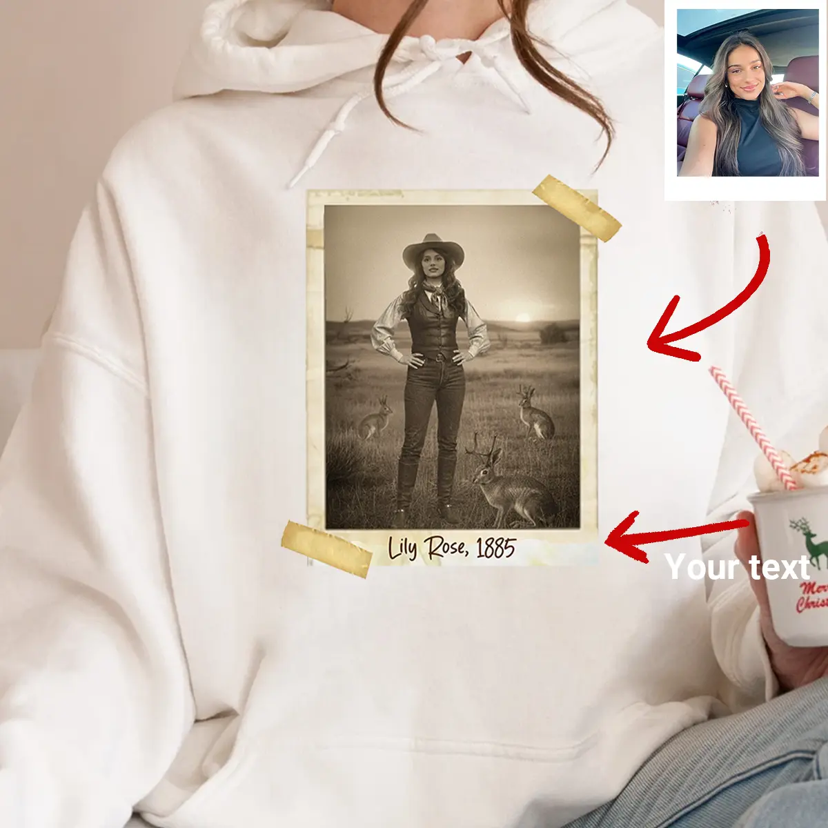 Personalized 1880s Jackalope Hoodie | Custom Face Old West, Mythical Cowboy & Cowgirl Hooded Sweatshirt 4 Personalized 1880s Jackalope Hoodie Custom Face Old West, Mythical Cowboy & Cowgirl Hooded Sweatshirt