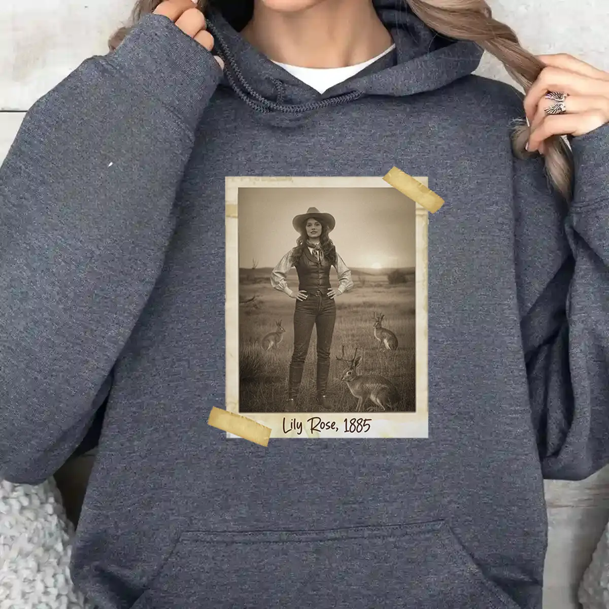 Personalized 1880s Jackalope Hoodie | Custom Face Old West, Mythical Cowboy & Cowgirl Hooded Sweatshirt 5 Personalized 1880s Jackalope Hoodie Custom Face Old West, Mythical Cowboy & Cowgirl Hooded Sweatshirt