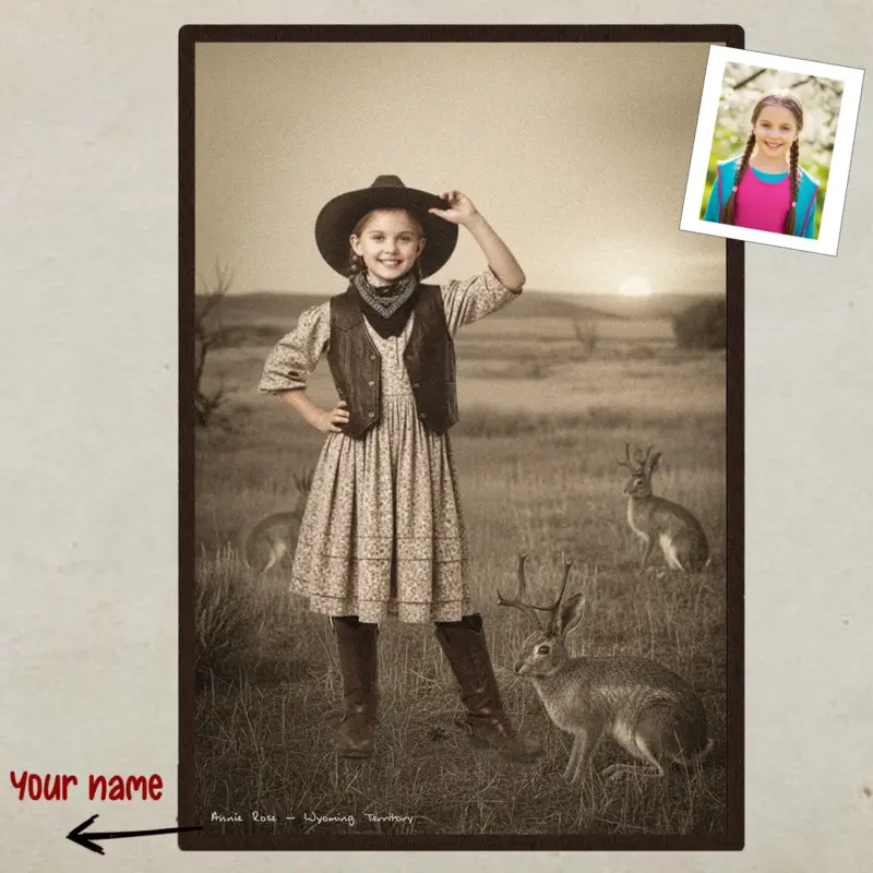 Personalized 1880s Jackalope Portrait Poster Custom Old West Art, Mythical Cowboy & Cowgirl