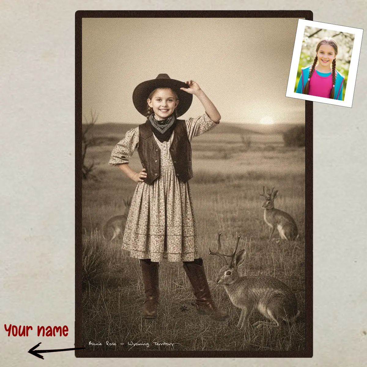 Personalized 1880s Jackalope Portrait Poster | Custom Old West Art, Mythical Cowboy & Cowgirl Wall Decor 1 Personalized 1880s Jackalope Portrait Poster Custom Old West Art, Mythical Cowboy & Cowgirl