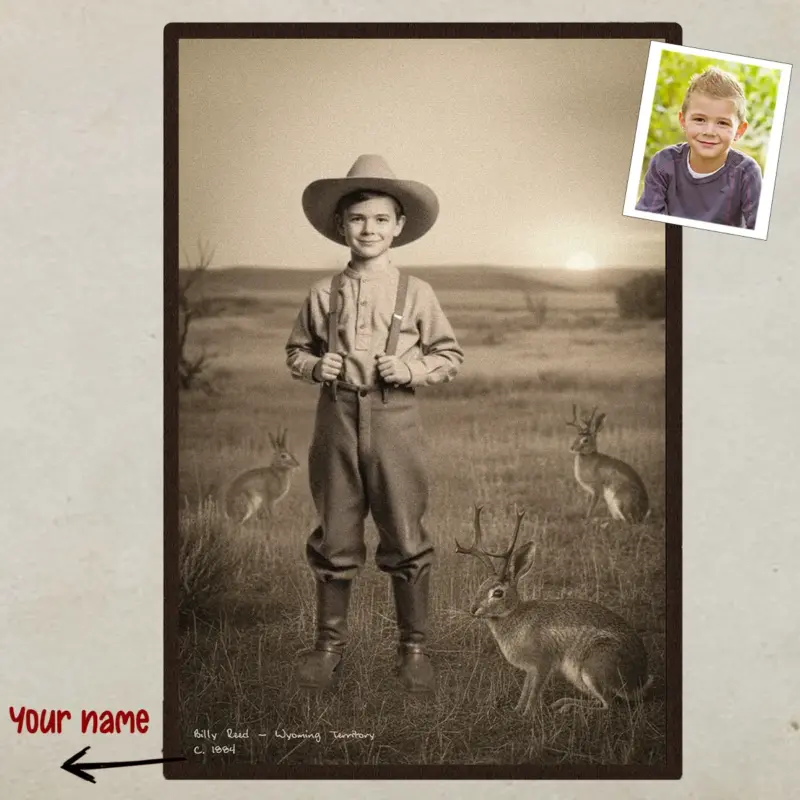 Personalized 1880s Jackalope Portrait Poster Custom Old West Art, Mythical Cowboy & Cowgirl