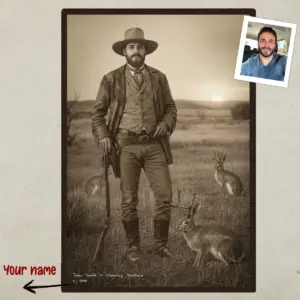Personalized 1880s Jackalope Portrait Poster Custom Old West Art, Mythical Cowboy & Cowgirl