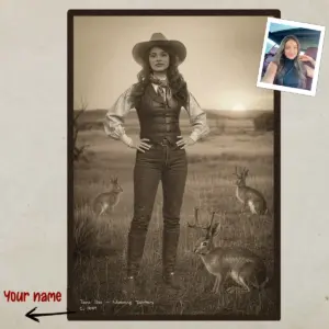 Personalized 1880s Jackalope Portrait Poster Custom Old West Art, Mythical Cowboy & Cowgirl