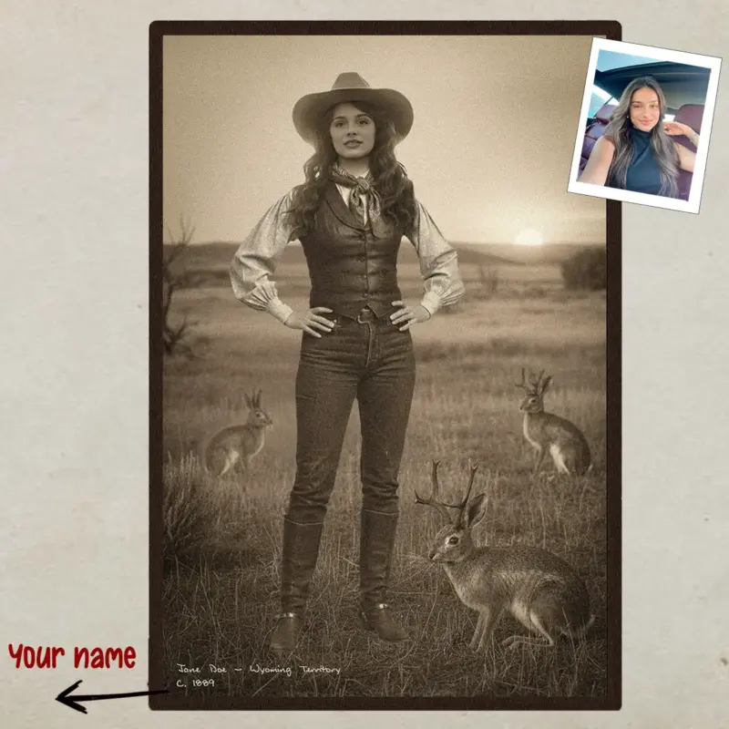 Personalized 1880s Jackalope Portrait Poster Custom Old West Art, Mythical Cowboy & Cowgirl