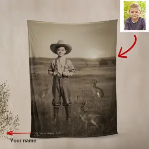 Personalized 1880s Jackalope Sherpa Blanket Custom Face Old West, Mythical Cowboy & Cowgirl Cozy