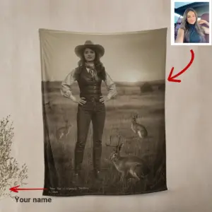 Personalized 1880s Jackalope Sherpa Blanket Custom Face Old West, Mythical Cowboy & Cowgirl Cozy