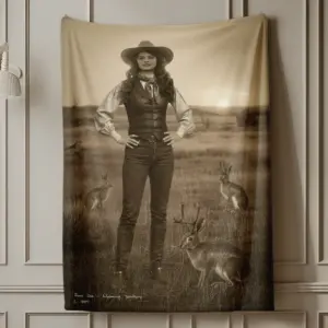 Personalized 1880s Jackalope Sherpa Blanket Custom Face Old West, Mythical Cowboy & Cowgirl Cozy