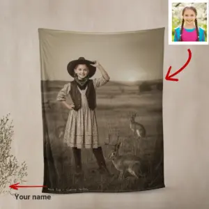 Personalized 1880s Jackalope Sherpa Blanket Custom Face Old West, Mythical Cowboy & Cowgirl Cozy
