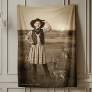 Personalized 1880s Jackalope Sherpa Blanket Custom Face Old West, Mythical Cowboy & Cowgirl Cozy
