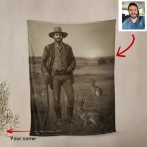 Personalized 1880s Jackalope Sherpa Blanket Custom Face Old West, Mythical Cowboy & Cowgirl Cozy