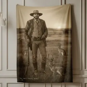 Personalized 1880s Jackalope Sherpa Blanket Custom Face Old West, Mythical Cowboy & Cowgirl Cozy