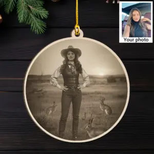 Personalized 1880s Jackalope Wooden Ornament Custom Face Old West, Mythical Cowboy & Cowgirl Decor