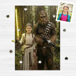Custom Face Star Wars Girl with Bigfoot Wooden Jigsaw Puzzle Funny Personalized Gift for Daughter
