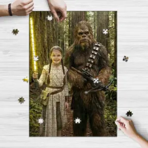 Custom Star Wars Girl with Bigfoot Wooden Jigsaw Puzzle | Funny Personalized Gift for Daughter 8 Create a custom face Star Wars girl jigsaw puzzle, featuring your daughter's photo as a Jedi with a Bigfoot co-pilot on premium wood.