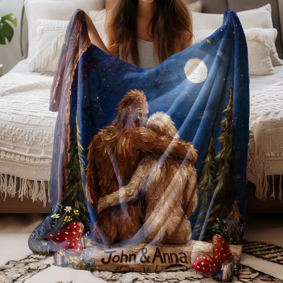 Personalized Bigfoot Couple Blanket | Romantic Van Gogh Sasquatch Valentine Cozy 3 Personalized Bigfoot Couple Blanket Romantic Van Gogh Sasquatch Valentine Cozy
