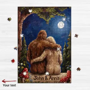 Custom Bigfoot Couple Wooden Jigsaw Puzzle Van Gogh Personalized Sasquatch Valentine Anniversary Gift
