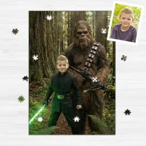 Custom Face Star Wars Boy with Bigfoot Wooden Jigsaw Puzzle Funny Personalized Gift for Son