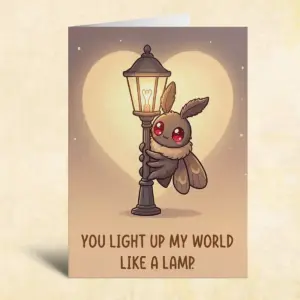 Kawaii Mothman Lamp Card You Light Up My World Funny Cryptid Valentine Greeting