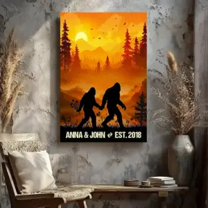 Personalized Bigfoot Couple Canvas Custom Name Camping Sasquatch Valentine Anniversary Gift