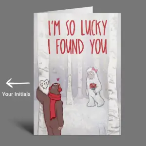 Personalized Bigfoot Yeti Valentine Card Custom Initials Cryptid Couple Hide and Seek Anniversary Greeting