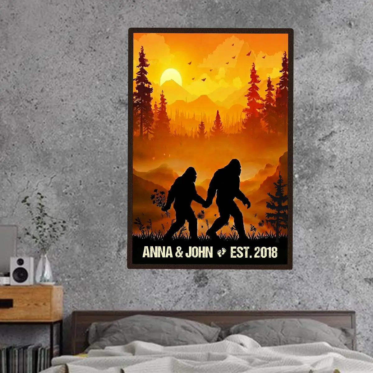 Personalized Bigfoot Couple Poster | Sunset Sasquatch Valentine Anniversary Gift 2 Personalized Camping Partners Bigfoot Shirt Retro Hiking Sasquatch Couple Valentine Gift