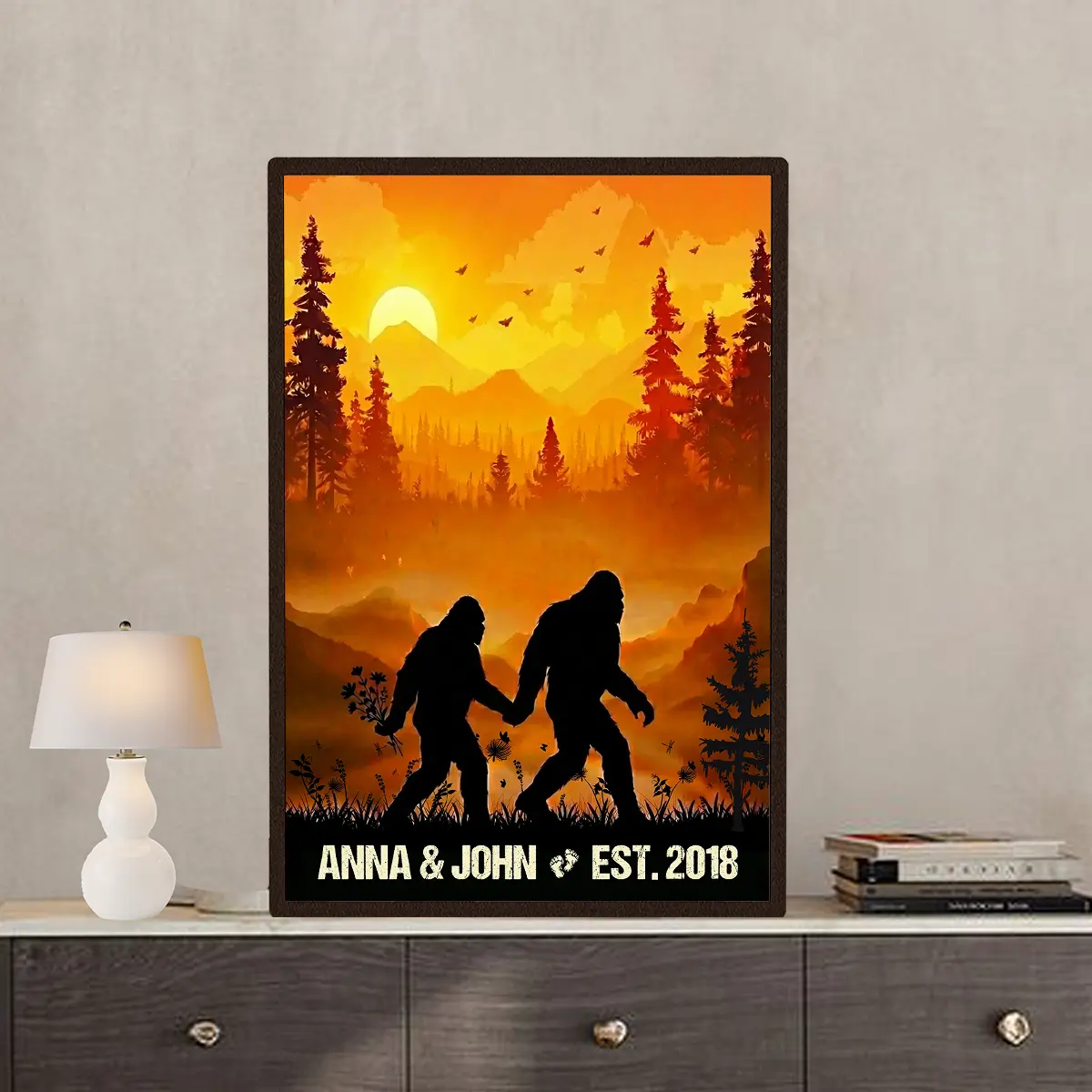 Personalized Bigfoot Couple Poster | Sunset Sasquatch Valentine Anniversary Gift 3 Personalized Camping Partners Bigfoot Shirt Retro Hiking Sasquatch Couple Valentine Gift