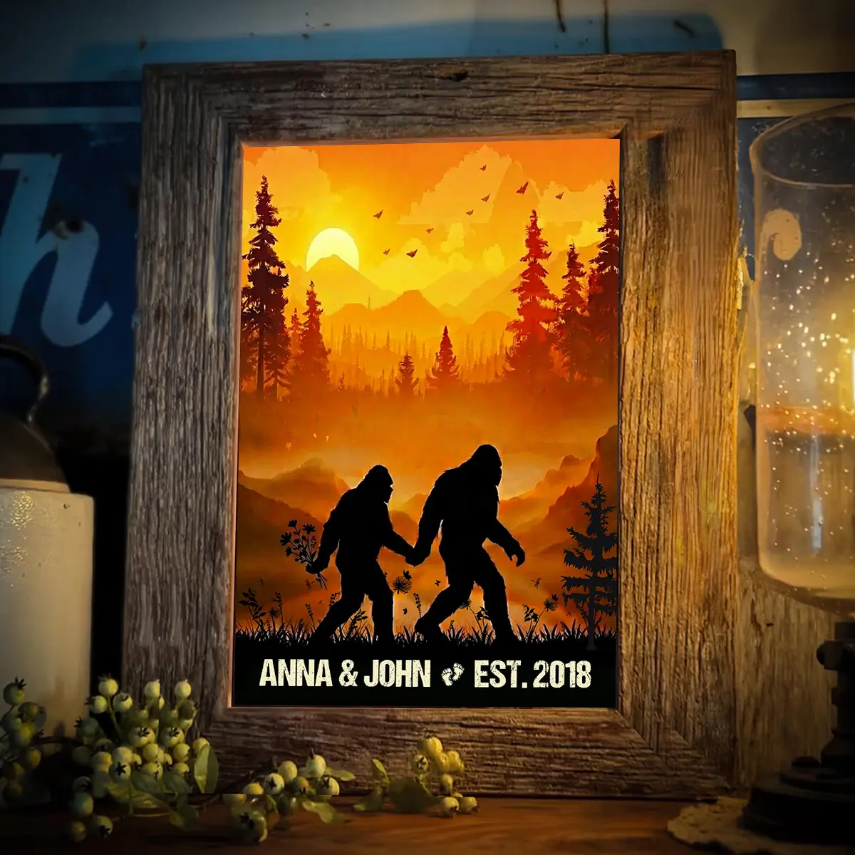 Personalized Bigfoot Couple Poster | Sunset Sasquatch Valentine Anniversary Gift 4 Personalized Camping Partners Bigfoot Shirt Retro Hiking Sasquatch Couple Valentine Gift