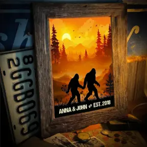 Personalized Bigfoot Couple Poster | Sunset Sasquatch Valentine Anniversary Gift 13 Personalized Camping Partners Bigfoot Shirt Retro Hiking Sasquatch Couple Valentine Gift