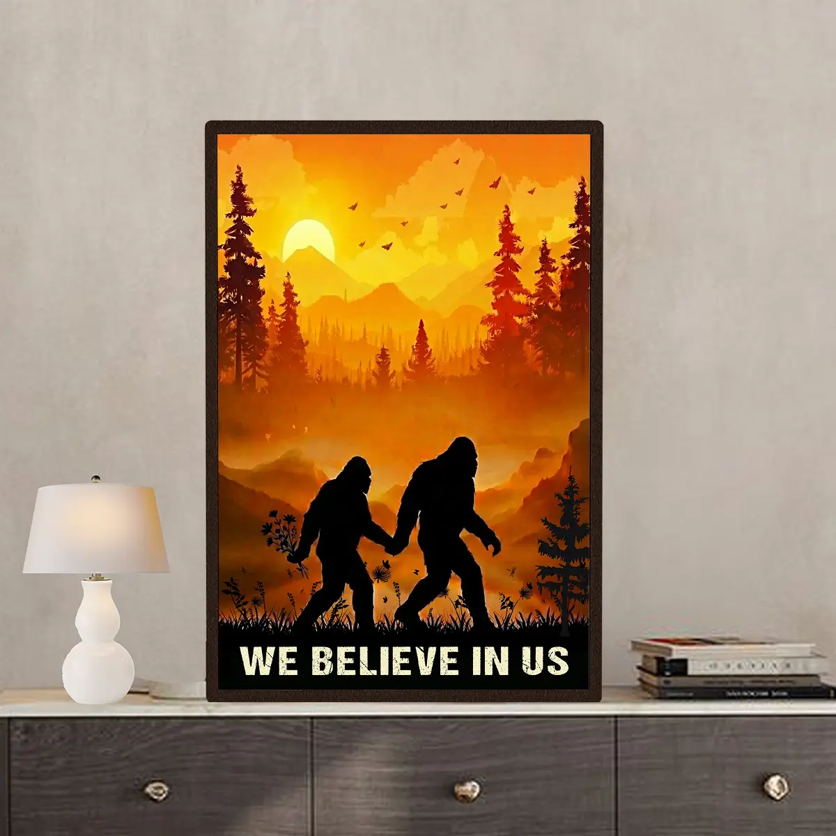 Personalized Bigfoot Couple Poster | Sunset Sasquatch Valentine Anniversary Gift 8 Personalized Camping Partners Bigfoot Shirt Retro Hiking Sasquatch Couple Valentine Gift