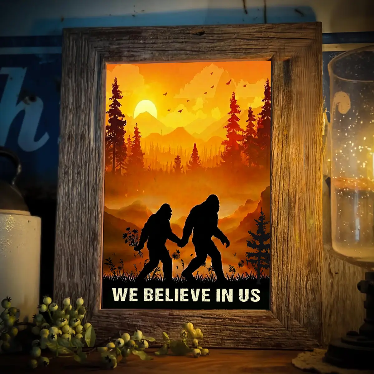 Personalized Bigfoot Couple Poster | Sunset Sasquatch Valentine Anniversary Gift 9 Personalized Camping Partners Bigfoot Shirt Retro Hiking Sasquatch Couple Valentine Gift