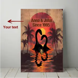 Personalized Nessie Couple Canvas Retro Tropical Sunset Loch Ness Monster Valentine Anniversary Art